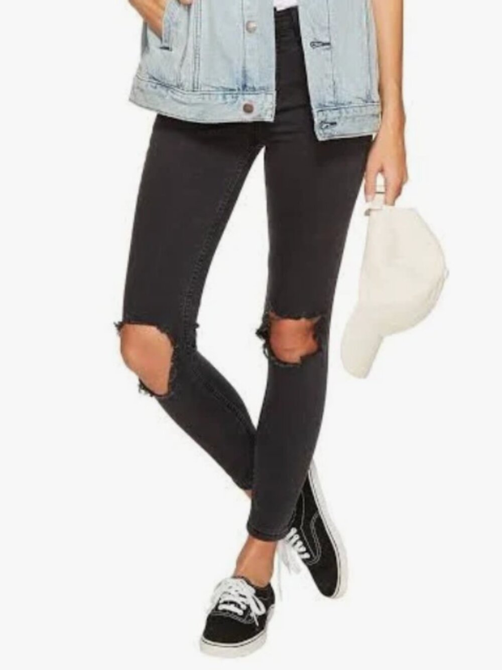 Free People "Busted Knee" High-Rise Skinny Jeans In Black Wash - Size 28